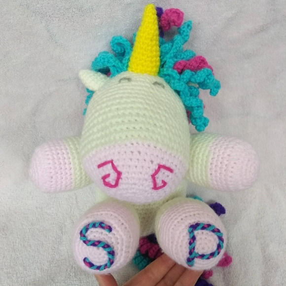 Unicorn plush. Curlicue mane, tail. Customizable initials, colors! Artisan made - Picture 5 of 15